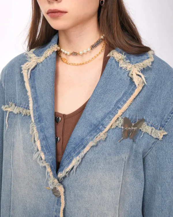 Coats & Jackets*Boogzel Clothing Distressed Denim Blazer in Blue