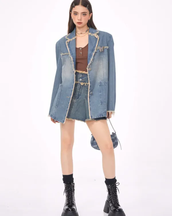 Coats & Jackets*Boogzel Clothing Distressed Denim Blazer in Blue
