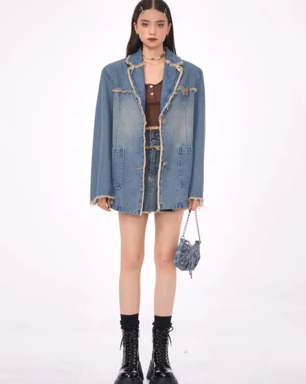 Coats & Jackets*Boogzel Clothing Distressed Denim Blazer in Blue