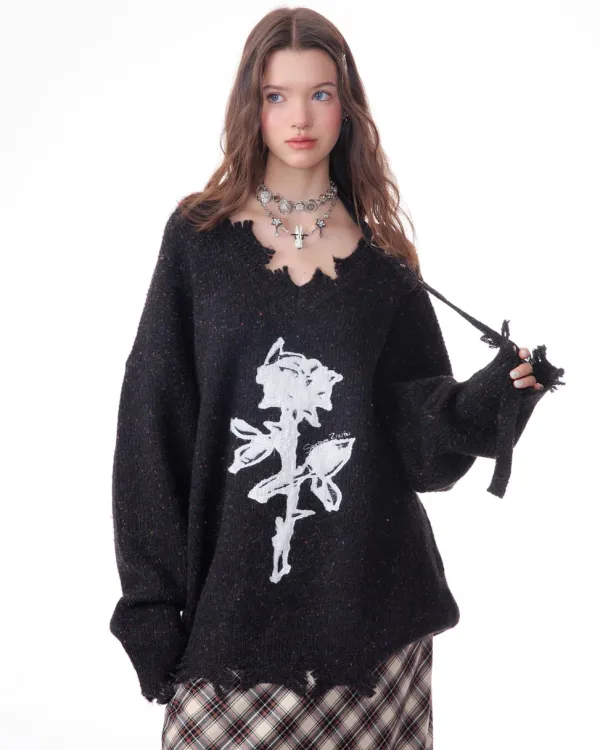 Sweaters*Boogzel Clothing Distressed Rose Print Sweater