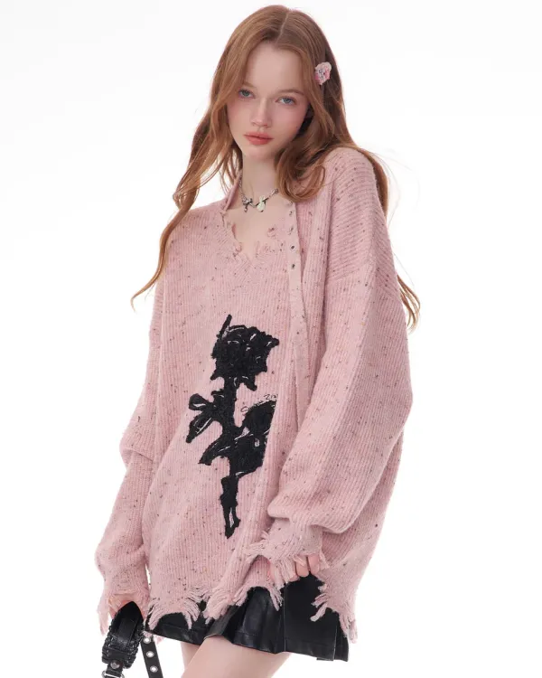Sweaters*Boogzel Clothing Distressed Rose Print Sweater