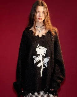 Sweaters*Boogzel Clothing Distressed Rose Print Sweater