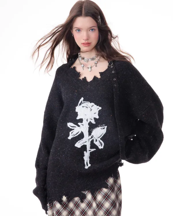 Sweaters*Boogzel Clothing Distressed Rose Print Sweater