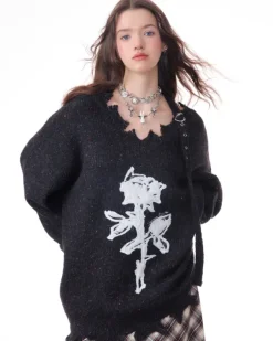 Sweaters*Boogzel Clothing Distressed Rose Print Sweater
