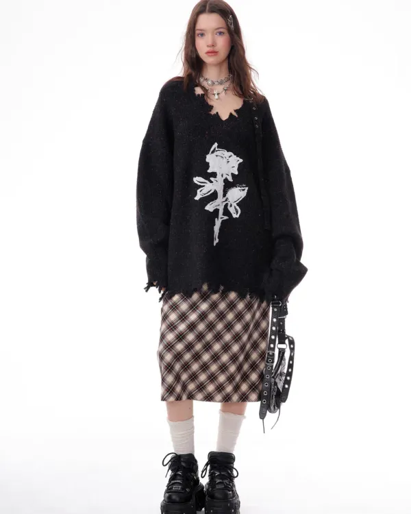 Sweaters*Boogzel Clothing Distressed Rose Print Sweater