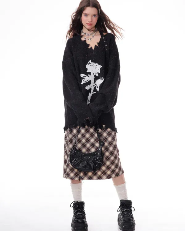 Sweaters*Boogzel Clothing Distressed Rose Print Sweater