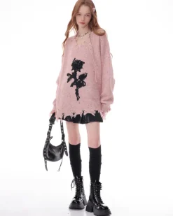 Sweaters*Boogzel Clothing Distressed Rose Print Sweater