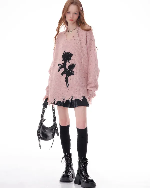 Sweaters*Boogzel Clothing Distressed Rose Print Sweater