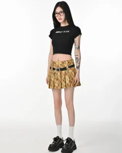 Belts & Chains|Skirts*Boogzel Clothing Double Belt Plaid Pleated Skirt in Yellow