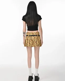 Belts & Chains|Skirts*Boogzel Clothing Double Belt Plaid Pleated Skirt in Yellow