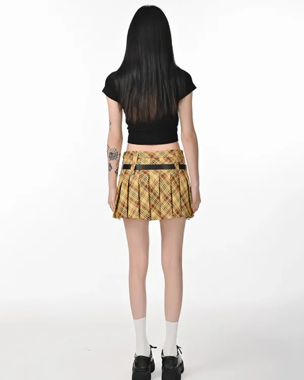 Belts & Chains|Skirts*Boogzel Clothing Double Belt Plaid Pleated Skirt in Yellow