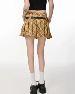 Belts & Chains|Skirts*Boogzel Clothing Double Belt Plaid Pleated Skirt in Yellow