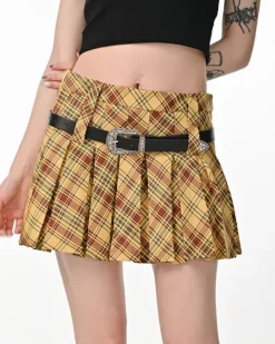 Belts & Chains|Skirts*Boogzel Clothing Double Belt Plaid Pleated Skirt in Yellow