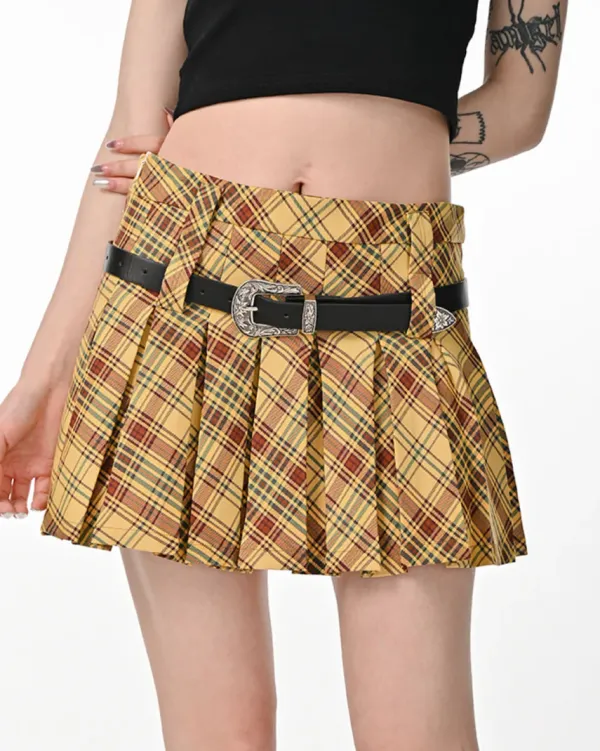 Belts & Chains|Skirts*Boogzel Clothing Double Belt Plaid Pleated Skirt in Yellow