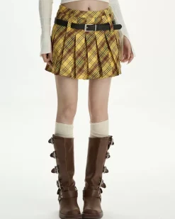 Belts & Chains|Skirts*Boogzel Clothing Double Belt Plaid Pleated Skirt in Yellow