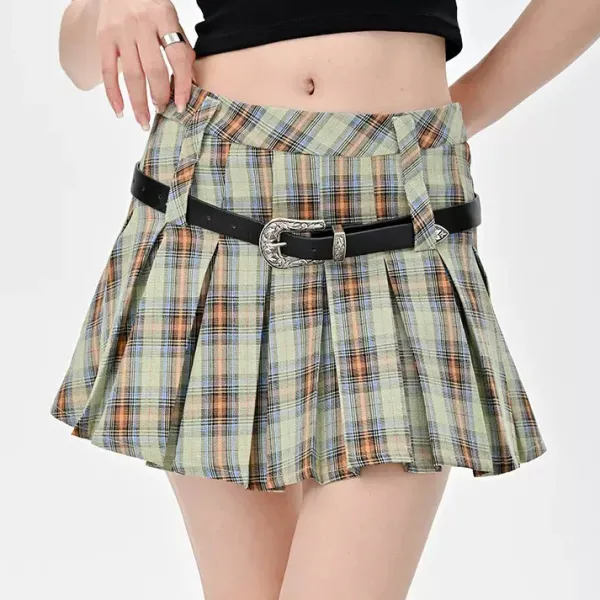 Belts & Chains|Skirts*Boogzel Clothing Double Belt Plaid Pleated Skirt in Green