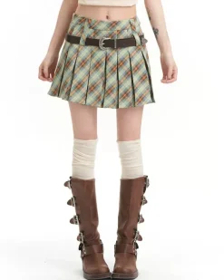 Belts & Chains|Skirts*Boogzel Clothing Double Belt Plaid Pleated Skirt in Green