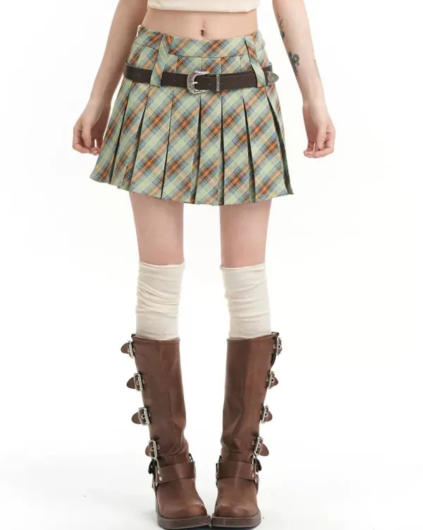 Belts & Chains|Skirts*Boogzel Clothing Double Belt Plaid Pleated Skirt in Green