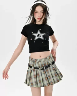 Belts & Chains|Skirts*Boogzel Clothing Double Belt Plaid Pleated Skirt in Green