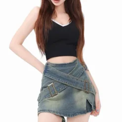 Skirts*Boogzel Clothing Double Buckle Denim Mini Skirt Blue