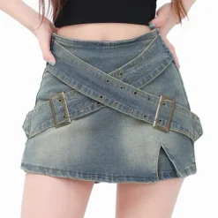 Skirts*Boogzel Clothing Double Buckle Denim Mini Skirt Blue