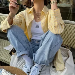 Long Sleeve Tops*Boogzel Clothing Easy Days Striped Shirt Yellow