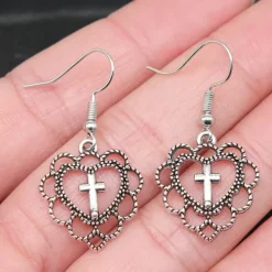 Earrings*Boogzel Clothing Everlasting Love Heart Cross Earrings Silver
