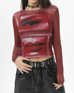 Y2K Tops|Long Sleeve Tops*Boogzel Clothing Eye & Lips Print Mesh Top in Red