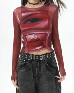 Y2K Tops|Long Sleeve Tops*Boogzel Clothing Eye & Lips Print Mesh Top in Red