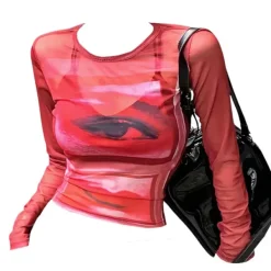 Y2K Tops|Long Sleeve Tops*Boogzel Clothing Eye & Lips Print Mesh Top in Red