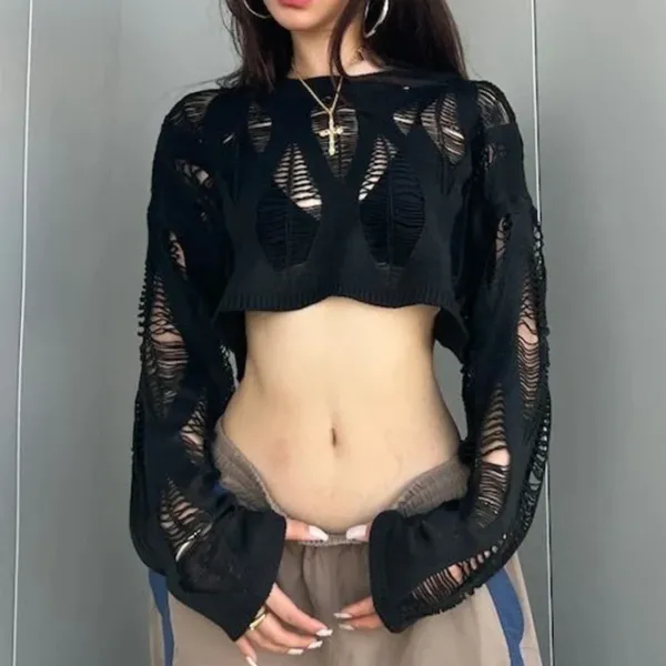 Sweaters|Long Sleeve Tops*Boogzel Clothing Fairy Grunge Crochet Crop Top Black