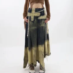 Skirts*Boogzel Clothing Fairy Grunge Washed Long Denim Skirt Brown/grey
