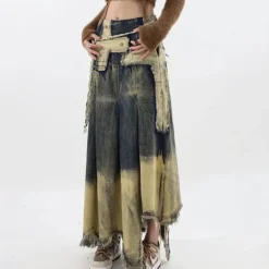 Skirts*Boogzel Clothing Fairy Grunge Washed Long Denim Skirt Brown/grey