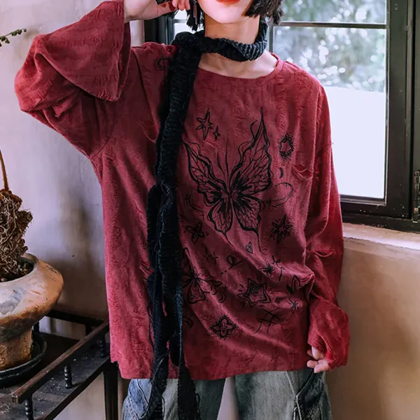 Aesthetic T-Shirts & Graphic Tees|Long Sleeve Tops*Boogzel Clothing Fairycore Aesthetic Butterfly Print Top Red