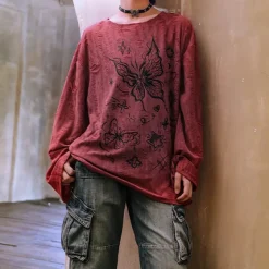 Aesthetic T-Shirts & Graphic Tees|Long Sleeve Tops*Boogzel Clothing Fairycore Aesthetic Butterfly Print Top Red