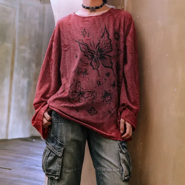 Aesthetic T-Shirts & Graphic Tees|Long Sleeve Tops*Boogzel Clothing Fairycore Aesthetic Butterfly Print Top Red