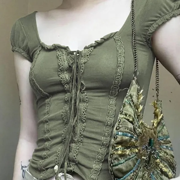 Crop Tops*Boogzel Clothing Fairycore Aesthetic Lace Up Top Green