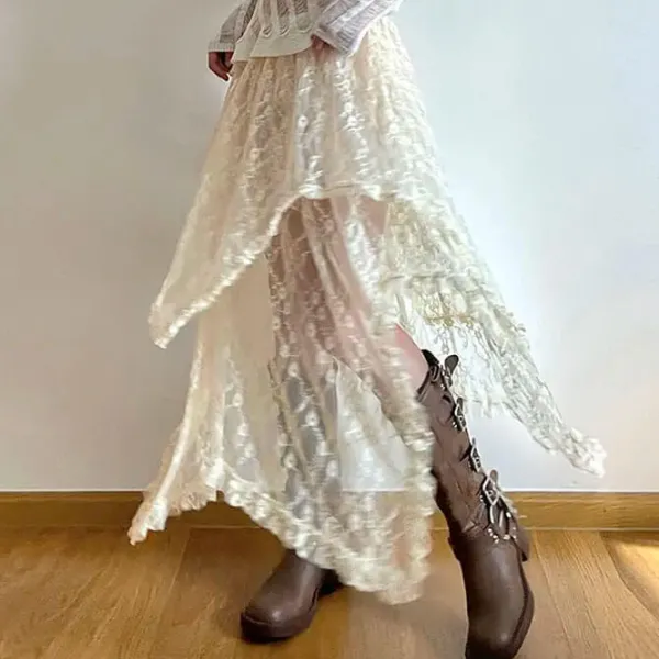 Skirts*Boogzel Clothing Fairycore Asymmetrical Lace Skirt Beige