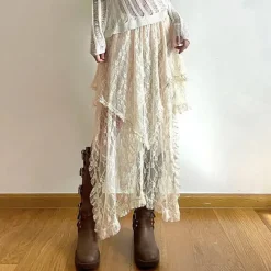 Skirts*Boogzel Clothing Fairycore Asymmetrical Lace Skirt Beige