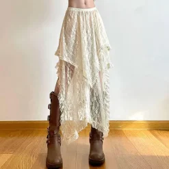 Skirts*Boogzel Clothing Fairycore Asymmetrical Lace Skirt Beige