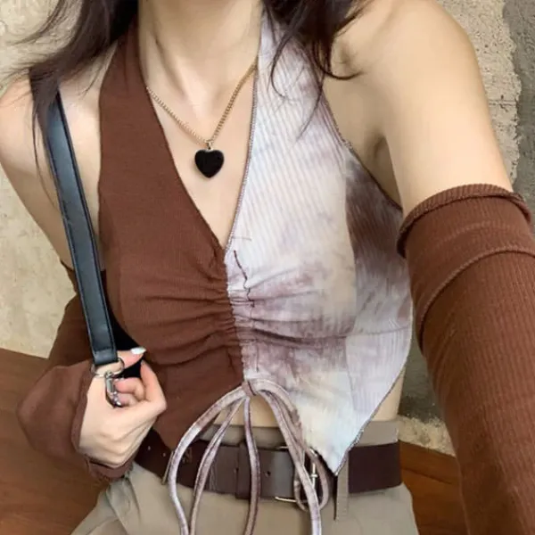 Long Sleeve Tops*Boogzel Clothing Fairycore Halter Top & Gloves Set Brown