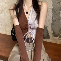 Long Sleeve Tops*Boogzel Clothing Fairycore Halter Top & Gloves Set Brown