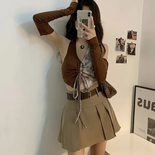 Long Sleeve Tops*Boogzel Clothing Fairycore Halter Top & Gloves Set Brown
