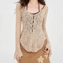 Long Sleeve Tops*Boogzel Clothing Fairycore Lace Flare Sleeve Top Beige