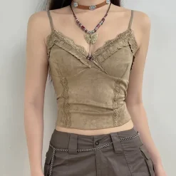 Y2K Tops*Boogzel Clothing Fairycore Lace Trim Cami Top Beige