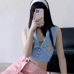 Crop Tops*Boogzel Clothing Floral Embroidered Satin Vest Blue