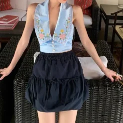 Crop Tops*Boogzel Clothing Floral Embroidered Satin Vest Blue