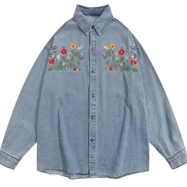 Mens*Boogzel Clothing Floral Embroidery Vintage Denim Shirt Blue