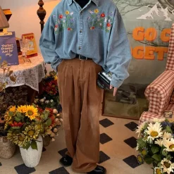 Mens*Boogzel Clothing Floral Embroidery Vintage Denim Shirt Blue