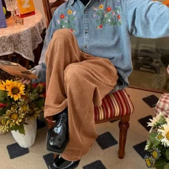 Mens*Boogzel Clothing Floral Embroidery Vintage Denim Shirt Blue